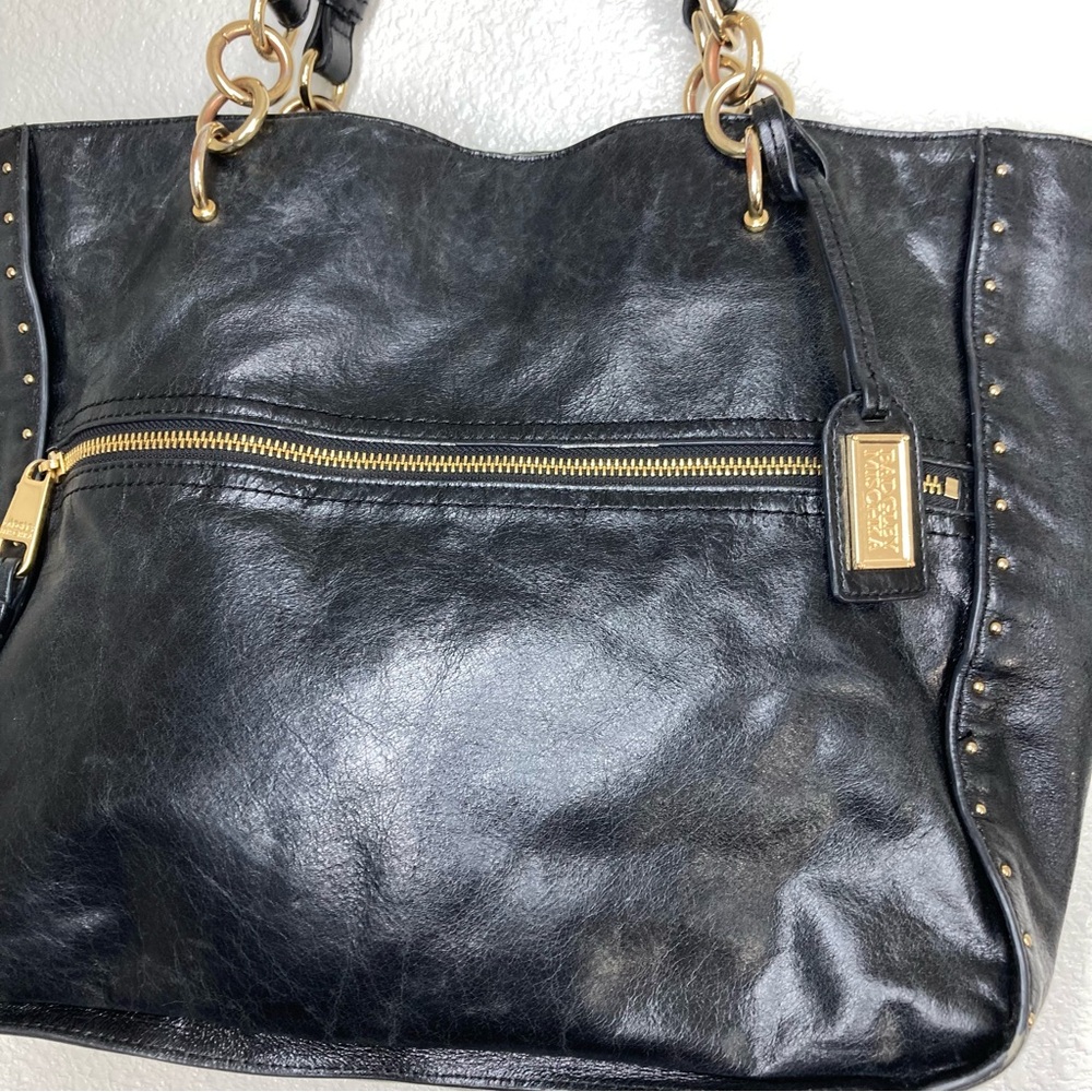 BADGLEY MISCHKA Black Tessa Shine Leather Studded Tote Handbag 17x13" - Picture 15 of 16